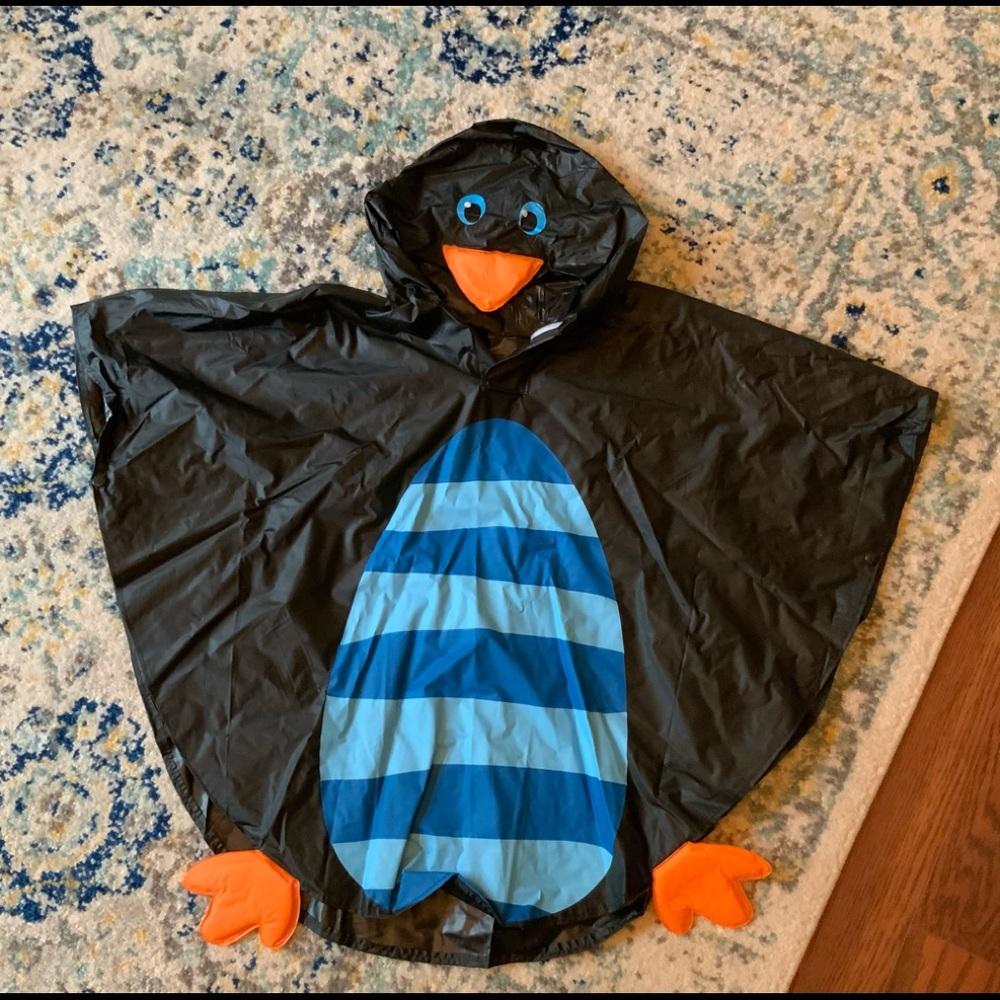 Kids Penguin Rain Poncho - Black and Blue